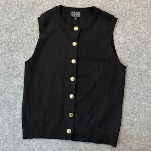Major Label Group Button Front Knit Vest Medium Black Gold Crest Buttons